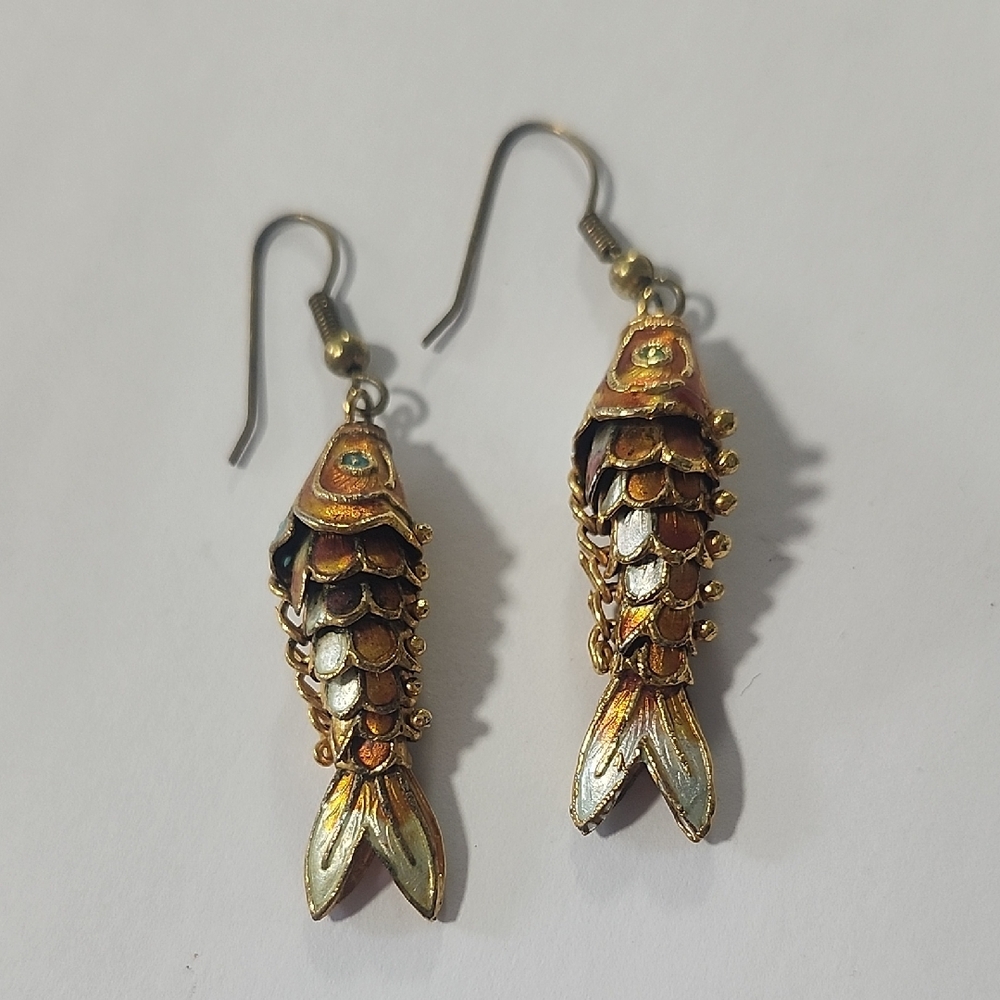 Gold Tone Fish Dangle Earrings - Elegant Fish Scale Design